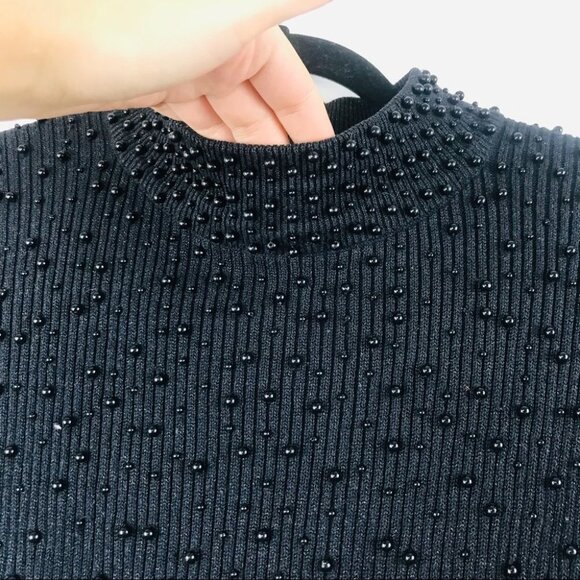 NEK Northeast Knitters Knit Black Glitter Pearl Embellished Mock Neck Top S - Picture 3 of 14